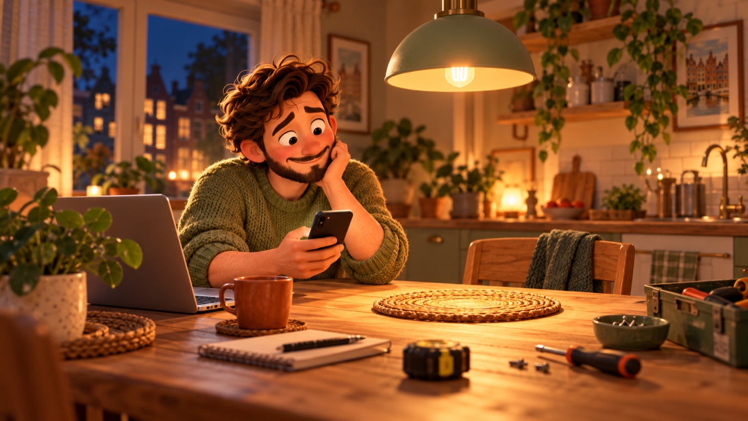 Illustratie van een helper die na een lange dag nog een nieuw hulpverzoek op zijn telefoon ziet